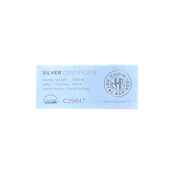 Nadir Metal Rafineri 1 Kilogram Silver Bar Certificate